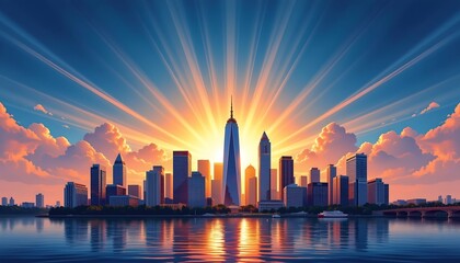 Fototapeta premium Sunrise Skyline Reflection Over Modern