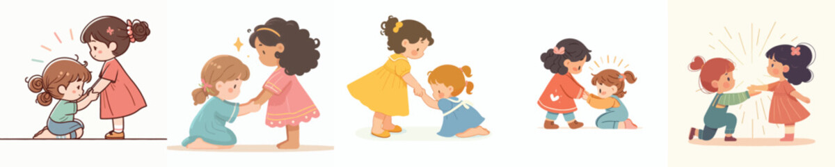 vector little girl helping her friend get up