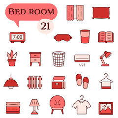 A set of minimalist icons with outlines dedicated to the bedroom area.