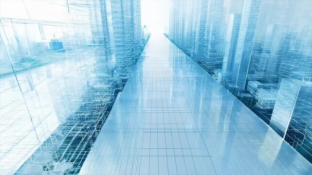 青いワイヤーフレームで描かれた未来都市の遠近風景 チルトアップ・見上げる高層ビル群