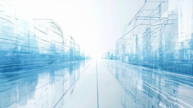 青いワイヤーフレームで描かれた未来都市の遠近風景 ローアングル・グリッドを疾走する視点