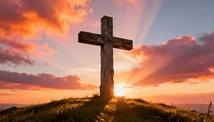 Wooden cross on a hill with clouds and sunlight breaking through, dramatic and spiritual scene, perfect for Christian, religious, inspirational, and Easter or memorial photography or artwork.
