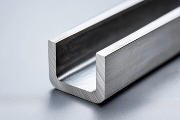 Edge macro of precision-bent stainless U-profile with sharp outer radius and finely ground interior surfaces on clean light-gray technical background
