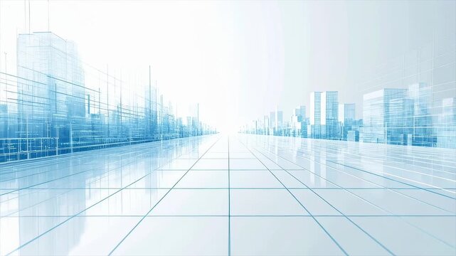 青いワイヤーフレームで描かれた未来都市の遠近風景 ズームアウト・広がるデジタル空間