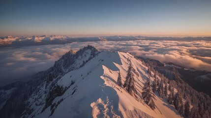 Snowy mountain peak emerging from morning fog in a photorealistic winter scene.
