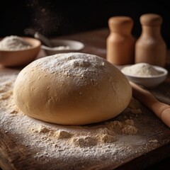 closeup view of dough on the table with rolling pin, generated AI