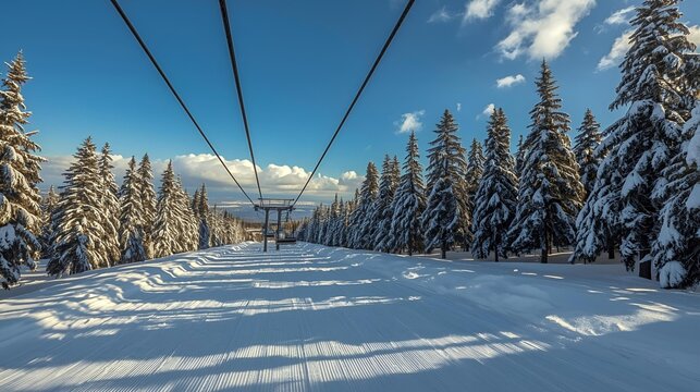 Photorealistic ski lift moving over snowy slopes under a clear blue sky. - Powered by Adobe