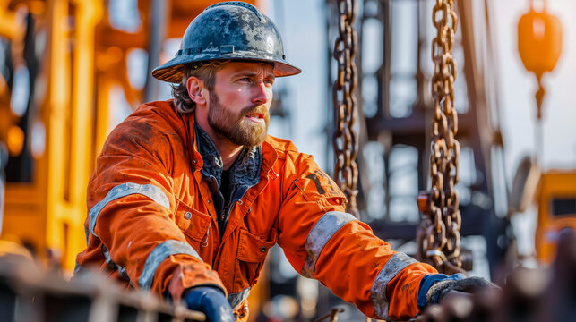 A man in an orange safety jacket and a hard hat is looking up at a construction crane