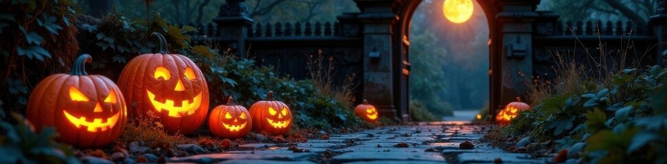 Obraz premium Intricate carved pumpkins beside antique wooden gate, moonlit night , vintage, night