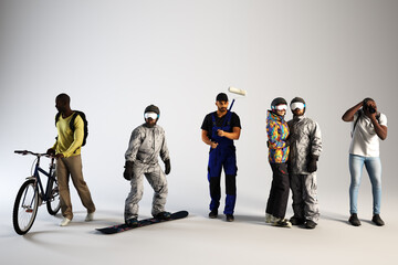 Showcases five people engaged in different jobs and hobbies activities.