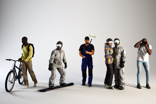 Showcases five people engaged in different jobs and hobbies activities.