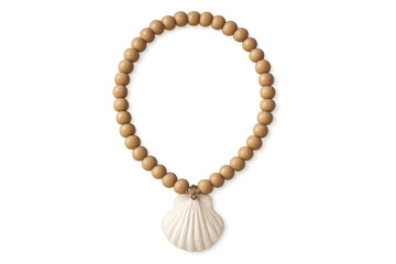 Obraz premium Wooden beads necklace with seashell pendant on transparent background