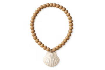 Wooden beads necklace with seashell pendant on transparent background