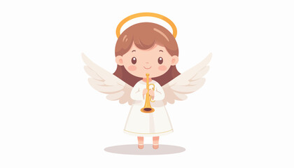 A cute cartoon angel with a halo, white wings, and a white robe, playing a golden trumpet.