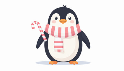 Cute cartoon penguin wearing a pink and white striped scarf and holding a candy cane.