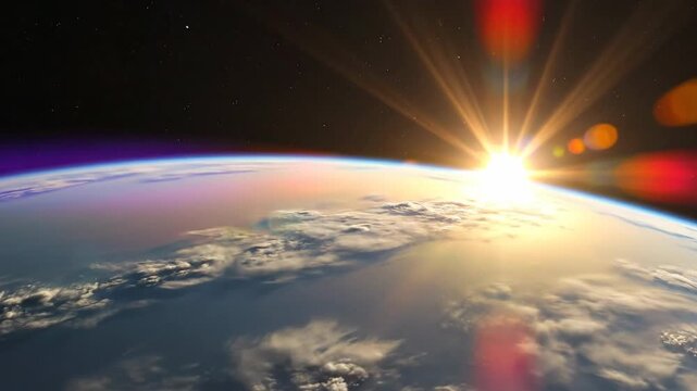 Planet Earth Horizon with Rising Sun and Clouds from Outer Space