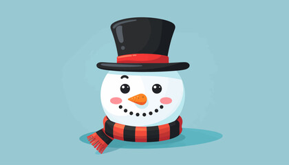 A cute cartoon snowman head wearing a black top hat with a red band and a red and black striped scarf on a light blue background.