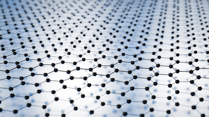 Fototapeta premium A layer of a Graphene honeycomb lattice made from Carbon atoms. Graphene is exceptionally strong, has a very good conductivity. Used for modern applications in semiconductors, composites and batteries