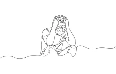 Continuous one line Drawing of a person holding their head in distress, single line vector illustration, isolated on transparent background.