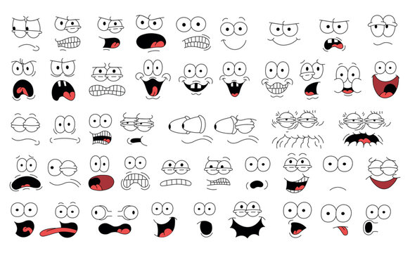 Retro cartoon emotions. Cartoon faces. Emotional face, funny eyes and mouth, different facial expressions: good and evil, happy and sad. Vector set, hand-drawn, clear black outline.