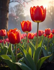 Naklejka premium Close-up of vibrant red tulips in a sunny garden