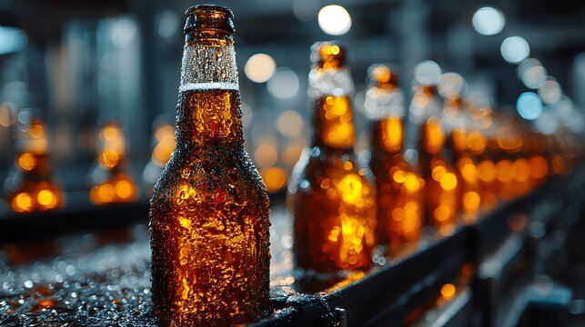 Brown glass beer bottles with cold condensation move along a conveyor belt in a brewery with blurred factory lights in the background.
