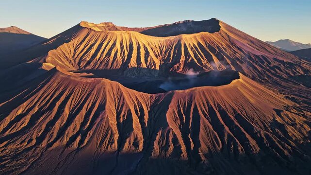 Majestic Mount Bromo Volcano Smoking at Golden Sunrise in Indonesia