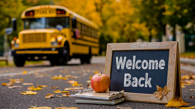 A welcome back sign with an apple on it placed on the road in front of a yellow school bus