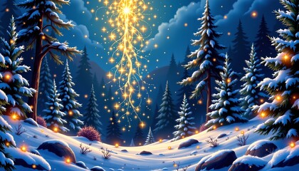 Enchanting Winter Forest Scene with Golden Snowflakes and Fairy Lights
