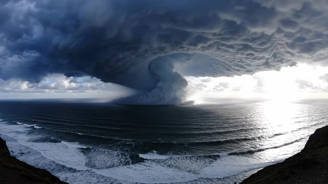 Massive Ominous Storm Cloud Swirling Over Turbulent Ocean Waters
