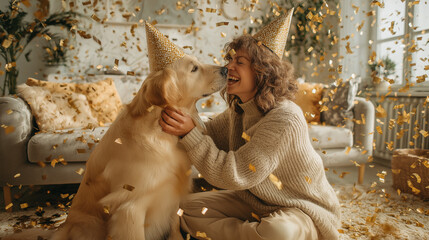 celebration with dog and owner at home, joyful party moment with pet, festive confetti scene with woman and golden retriever
