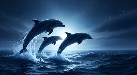Obraz premium Dolphins leaping from ocean waves at night under moonlight
