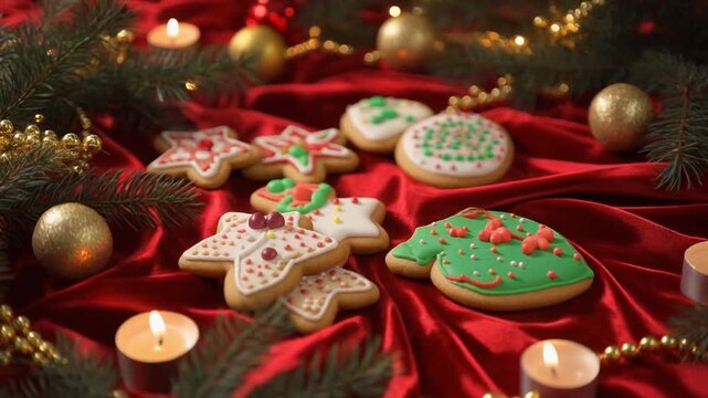 Weihnachtskekse auf rotem Samt drapiert