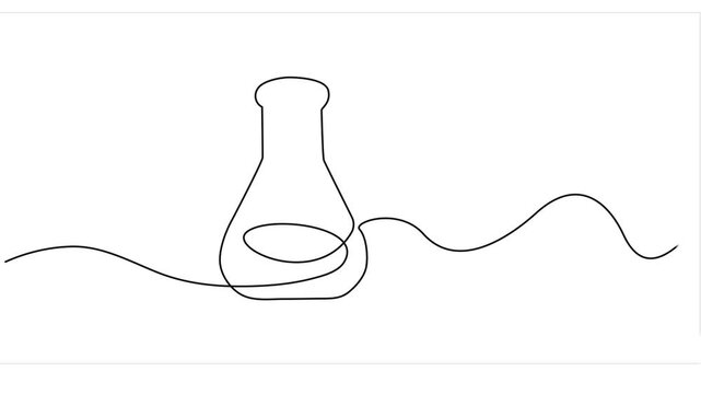 Animated self drawing of continuous one line draw chemistry laboratory glassware. Graduated lab tube, beaker and flask. Equipment for chemical test. Swirl curl style. Full length single line animation