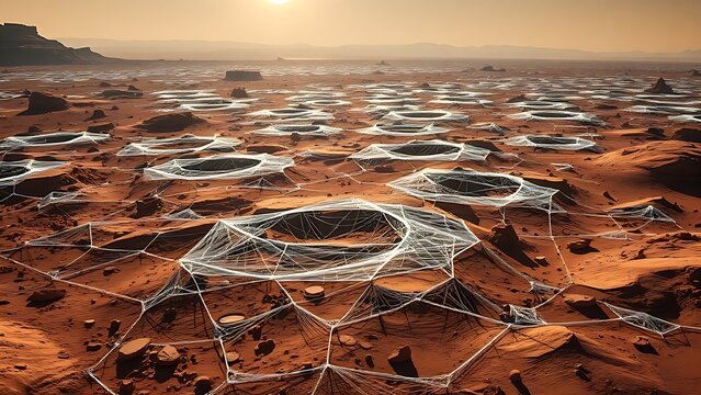 Martian landscape featuring crystalline web structures glowing under the low sun, resembling diamond networks.
