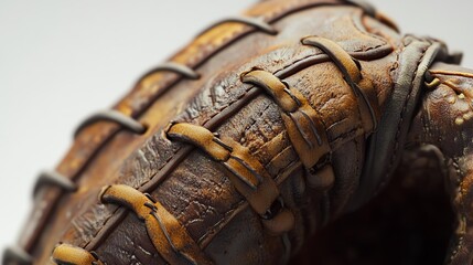 Close-up of a weathered baseball glove.
