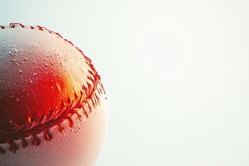 Close-up of a wet baseball with visible stitches.
