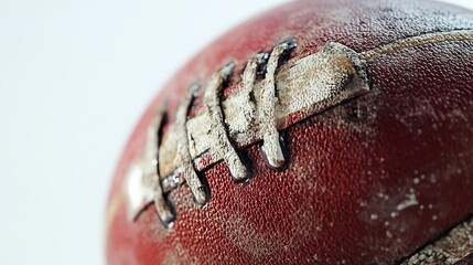 Close-up of a worn football with detailed stitching
