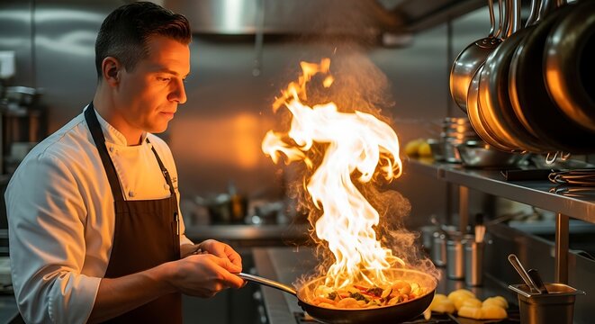 Chef skillfully flamb?ing food in a professional kitchen with flames.