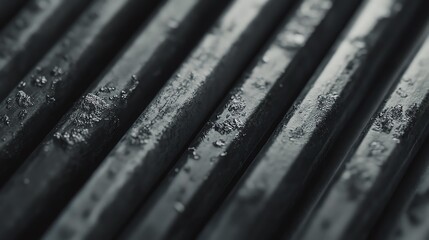 Close-up of wet metal bars in a factory setting.