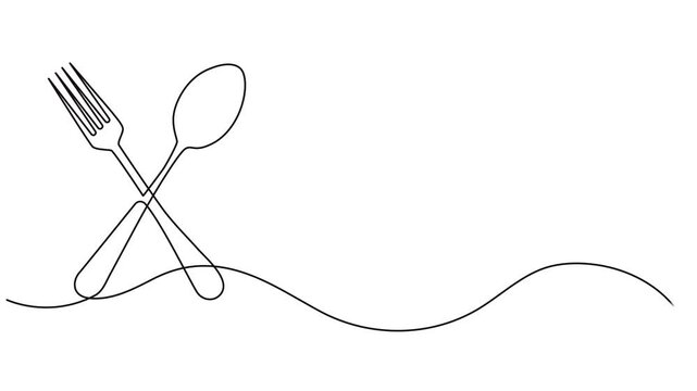 Video. Fork, knife and spoons. Continuous single line cutlery pattern for logos, business cards, banners. Animation on white background. 4K.