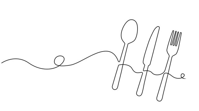 Video. Fork, knife and spoons. Continuous single line cutlery pattern for logos, business cards, banners. Animation on white background. 4K.
