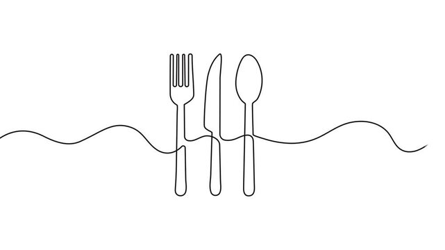 Video. Fork, knife and spoons. Continuous single line cutlery pattern for logos, business cards, banners. Animation on white background. 4K.