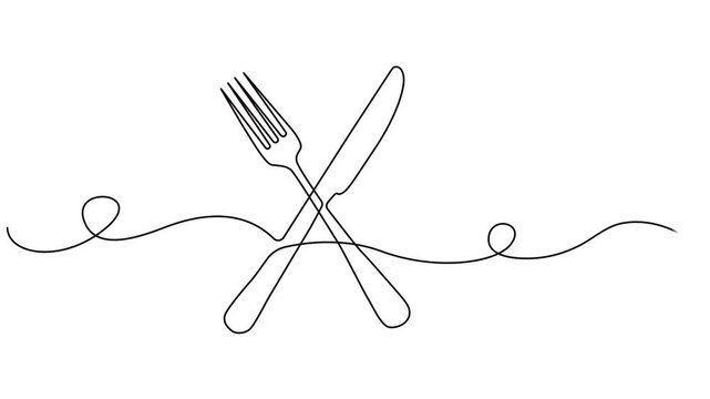 Video. Fork, knife and spoons. Continuous single line cutlery pattern for logos, business cards, banners. Animation on white background. 4K.