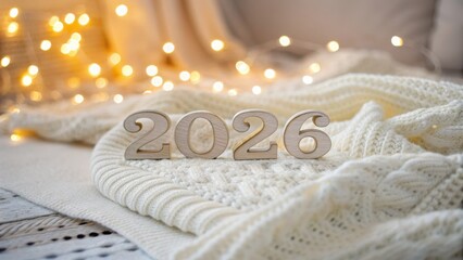 Cozy Embossed 2026 Number on Knit Fabric with Warm Bokeh