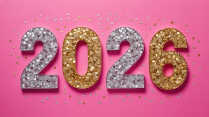 Metallic Gold and Silver Glitter 2026 Number on Pink Background