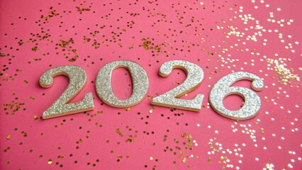 Metallic Gold and Silver Glitter 2026 Number on Pink Background