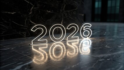 Minimalist 3D Neon Typography 2026 on Dark Marble