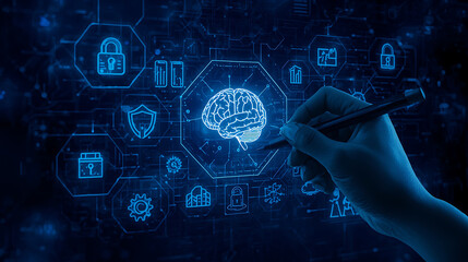Futuristic digital interface in deep blue tones displays artificial intelligence technology. A hand uses a stylus on a transparent touchscreen featuring holographic elements like an AI brain icon, neu