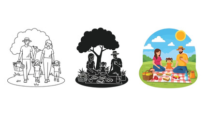 Obraz premium Set of three illustrations depicting a family enjoying a picnic outdoors under a tree in various styles including line art, silhouette and color vector